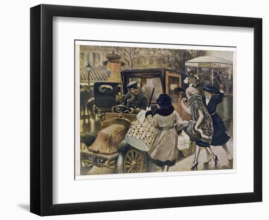 Three Parisiennes Compete for a Cab, But Which Will the Cabbie Favour?-Albert Guillaume-Framed Art Print