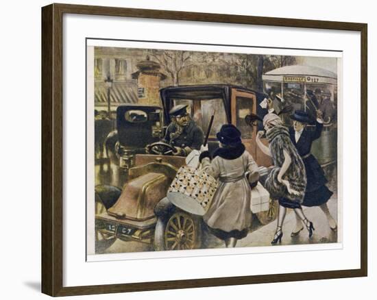 Three Parisiennes Compete for a Cab, But Which Will the Cabbie Favour?-Albert Guillaume-Framed Art Print