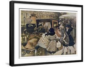 Three Parisiennes Compete for a Cab, But Which Will the Cabbie Favour?-Albert Guillaume-Framed Art Print