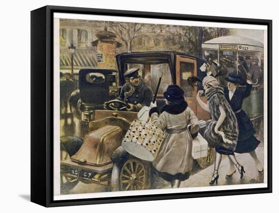 Three Parisiennes Compete for a Cab, But Which Will the Cabbie Favour?-Albert Guillaume-Framed Stretched Canvas