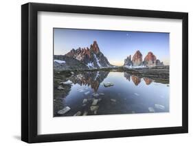 Three Peaks and Mount Paterno Reflected in the Lake. Sesto Dolomites-ClickAlps-Framed Premium Photographic Print