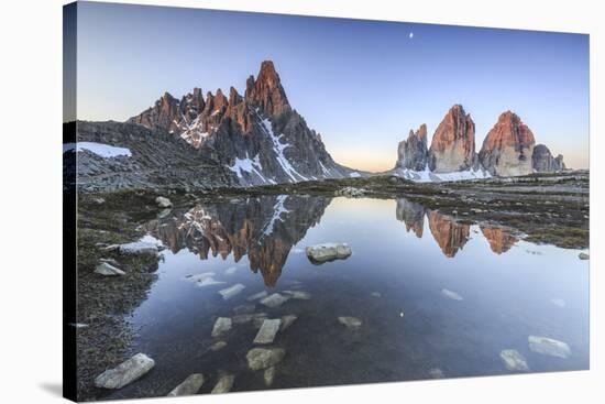 Three Peaks and Mount Paterno Reflected in the Lake. Sesto Dolomites-ClickAlps-Stretched Canvas