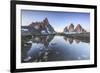 Three Peaks and Mount Paterno Reflected in the Lake. Sesto Dolomites-ClickAlps-Framed Photographic Print