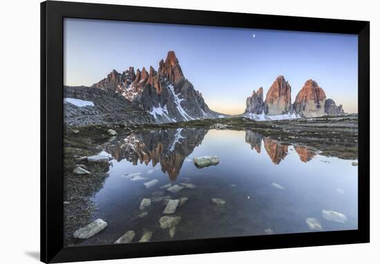 Three Peaks and Mount Paterno Reflected in the Lake. Sesto Dolomites-ClickAlps-Framed Photographic Print