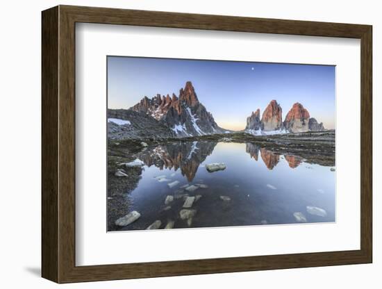 Three Peaks and Mount Paterno Reflected in the Lake. Sesto Dolomites-ClickAlps-Framed Photographic Print