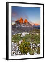 Three peaks of Lavaredo, Dolomites, Italy. The early morning colors the three peaks, in summertime.-ClickAlps-Framed Premium Photographic Print