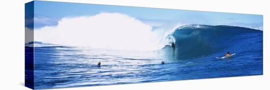 Three People Bodyboarding in the Ocean, Tahiti, French Polynesia-null-Stretched Canvas