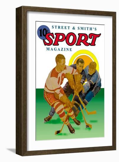 Three Players Fight for the Puck-null-Framed Art Print