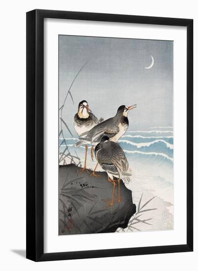 Three Plovers, Waves and Crescent Moon-Koson Ohara-Framed Giclee Print