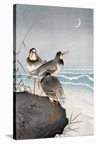 Three Plovers, Waves and Crescent Moon-Koson Ohara-Stretched Canvas