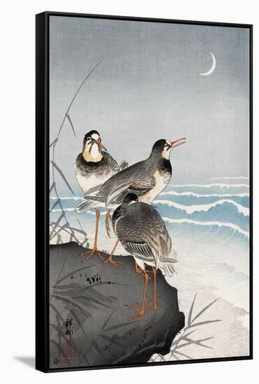 Three Plovers, Waves and Crescent Moon-Koson Ohara-Framed Stretched Canvas