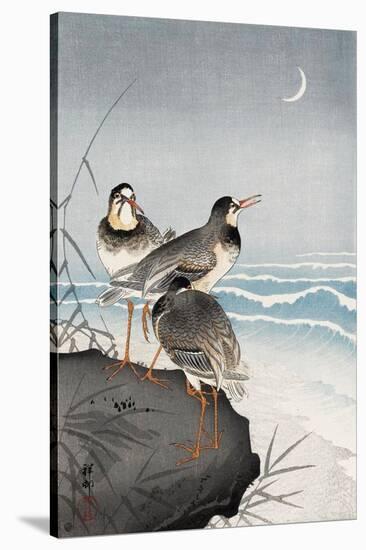 Three Plovers, Waves and Crescent Moon-Koson Ohara-Stretched Canvas