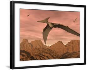 Three Pteranodon Dinosaurs Flying Above Rocky Landscape-null-Framed Art Print