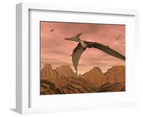 Three Pteranodon Dinosaurs Flying Above Rocky Landscape-null-Framed Art Print
