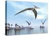 Three Pteranodons Flying over Landscape with Hills, Palm Trees and Water-null-Stretched Canvas