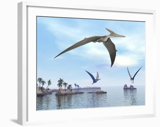 Three Pteranodons Flying over Landscape with Hills, Palm Trees and Water-null-Framed Art Print