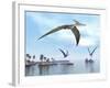 Three Pteranodons Flying over Landscape with Hills, Palm Trees and Water-null-Framed Art Print
