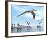 Three Pteranodons Flying over Landscape with Hills, Palm Trees and Water-null-Framed Art Print