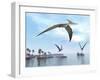 Three Pteranodons Flying over Landscape with Hills, Palm Trees and Water-null-Framed Art Print