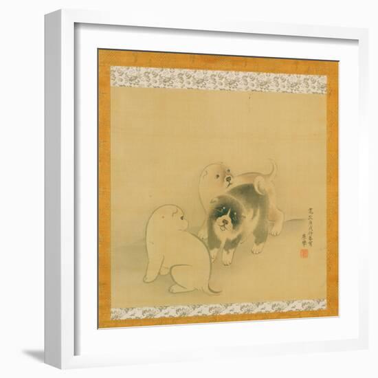 Three Puppies, 1790 (Ink & Colour on Silk, Mounted as a Hanging Scroll)-Maruyama Okyo-Framed Giclee Print