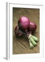 Three Red Onions on Wooden Background-Vladimir Shulevsky-Framed Photographic Print