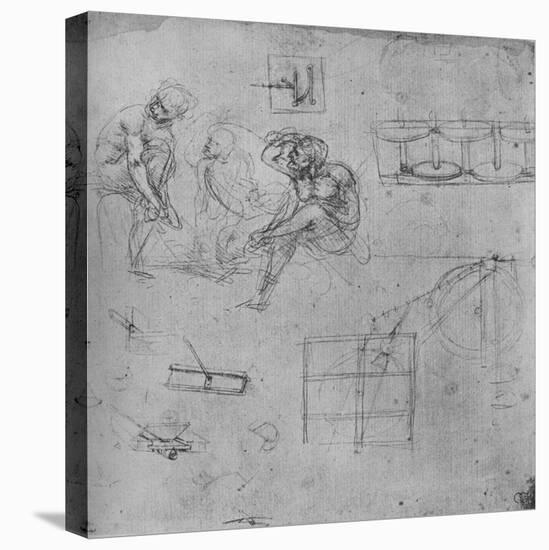 'Three Seated Figures and Studies of Machinery', 1480-1481 (1945)-Leonardo Da Vinci-Stretched Canvas