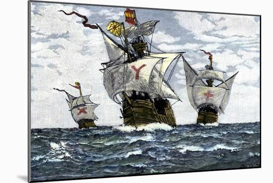 Three Ships of Columbus Approaching the New World, c.1492-null-Mounted Giclee Print