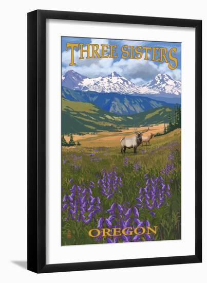 Three Sisters, Oregon - Elk and Flowers-Lantern Press-Framed Art Print