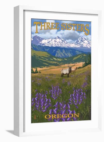 Three Sisters, Oregon - Elk and Flowers-Lantern Press-Framed Art Print