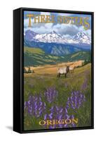 Three Sisters, Oregon - Elk and Flowers-Lantern Press-Framed Stretched Canvas
