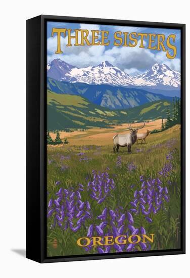 Three Sisters, Oregon - Elk and Flowers-Lantern Press-Framed Stretched Canvas