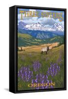 Three Sisters, Oregon - Elk and Flowers-Lantern Press-Framed Stretched Canvas