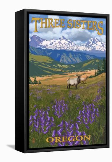 Three Sisters, Oregon - Elk and Flowers-Lantern Press-Framed Stretched Canvas