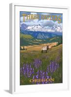 Three Sisters, Oregon - Elk and Flowers-Lantern Press-Framed Art Print