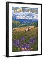 Three Sisters, Oregon - Elk and Flowers-Lantern Press-Framed Art Print