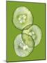 Three Slices of Cucumber on a Green Surface-Steven Morris-Mounted Photographic Print