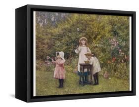 Three Smocked Youngsters Blow Bubbles from a Dish of Soap Suds-Helen Allingham-Framed Stretched Canvas