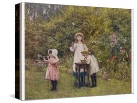 Three Smocked Youngsters Blow Bubbles from a Dish of Soap Suds-Helen Allingham-Stretched Canvas