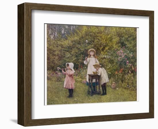 Three Smocked Youngsters Blow Bubbles from a Dish of Soap Suds-Helen Allingham-Framed Photographic Print