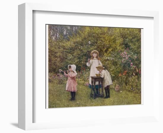 Three Smocked Youngsters Blow Bubbles from a Dish of Soap Suds-Helen Allingham-Framed Photographic Print