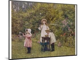 Three Smocked Youngsters Blow Bubbles from a Dish of Soap Suds-Helen Allingham-Mounted Photographic Print