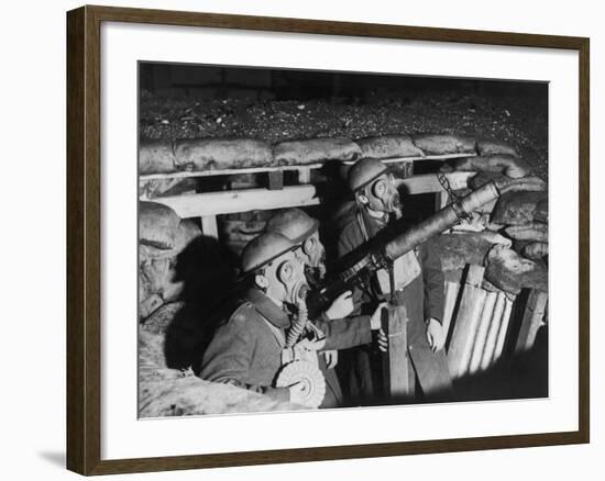 Three Soldiers in a Pit Wearing Gas Masks with an Anti-Aircraft Lewis Gun-null-Framed Photographic Print