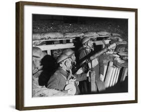 Three Soldiers in a Pit Wearing Gas Masks with an Anti-Aircraft Lewis Gun-null-Framed Photographic Print