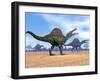 Three Spinosaurus Dinosaurs Walking in the Desert-null-Framed Art Print