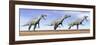 Three Suchomimus Dinosaurs Standing in the Desert-null-Framed Art Print