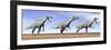 Three Suchomimus Dinosaurs Standing in the Desert-null-Framed Art Print