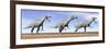 Three Suchomimus Dinosaurs Standing in the Desert-null-Framed Art Print