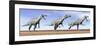 Three Suchomimus Dinosaurs Standing in the Desert-null-Framed Art Print