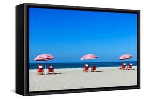 Three Sun Umbrellas at Santa Monica Beach-BlueOrange Studio-Framed Stretched Canvas