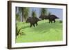Three Triceratops Walking across an Open Field-null-Framed Art Print
